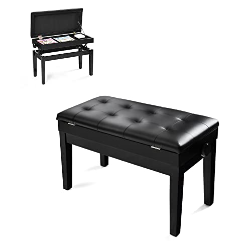 COSTWAY Klavierhocker höhenverstellbar, Klavierbank mit Stauraum, Pianobank schwarz, Piano-Sitzbank mit PU-Leder Kissen