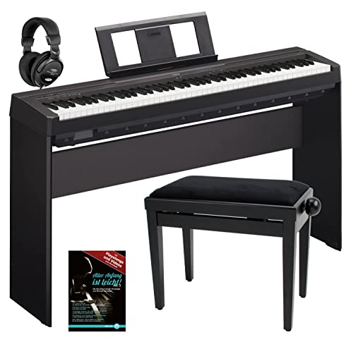 Yamaha P-45B Digitalpiano/Stagepiano SET inkl. Ständer, Bank, Kopfhörer, Schule (88 Tasten, 64 Stimmen, 10 Voices, 4 Reverb Effekte, 2 x 6 W Verstärker, 6 W, Auto Power Off, Stativ, Noten) schwarz