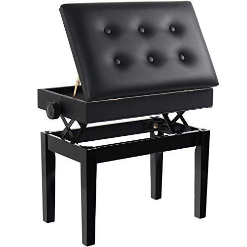 Grandma Shark Klavierbank aus Holz mit Ablagefach, Gepolsterter Sitz aus weichem PU-Leder Taste Schwarz Verstellbare Höhe Einzelsitz