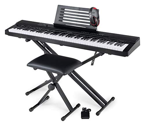 McGrey SK-88 Keyboard Super Kit - Einsteiger-Keyboard in Stagepiano-Optik mit 88 Tasten - 146 Klänge - inklusive Sustain-Pedal, Keyboardständer, Hocker und Kopfhörer - schwarz