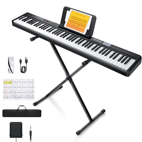 Donner Piano Keyboard 88 Tasten, Einsteiger Digital Keyboard Piano anschlagdynamische Tasten, tragbares E-Piano mit Ständer, Sustain Pedal, Tragetasche und Tastaturaufkleber, DEP-1