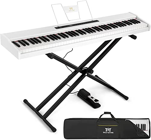 MUSTAR E Piano Digital Piano 88 Tasten, Keyboard mit halbgewichteten Tasten & Bluetooth, Portable Piano Set mit Sustain Pedal, Keyboardständer und Tragetasche, Weiß